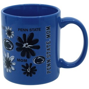 blue ceramic mug with Penn State Mom and flowers